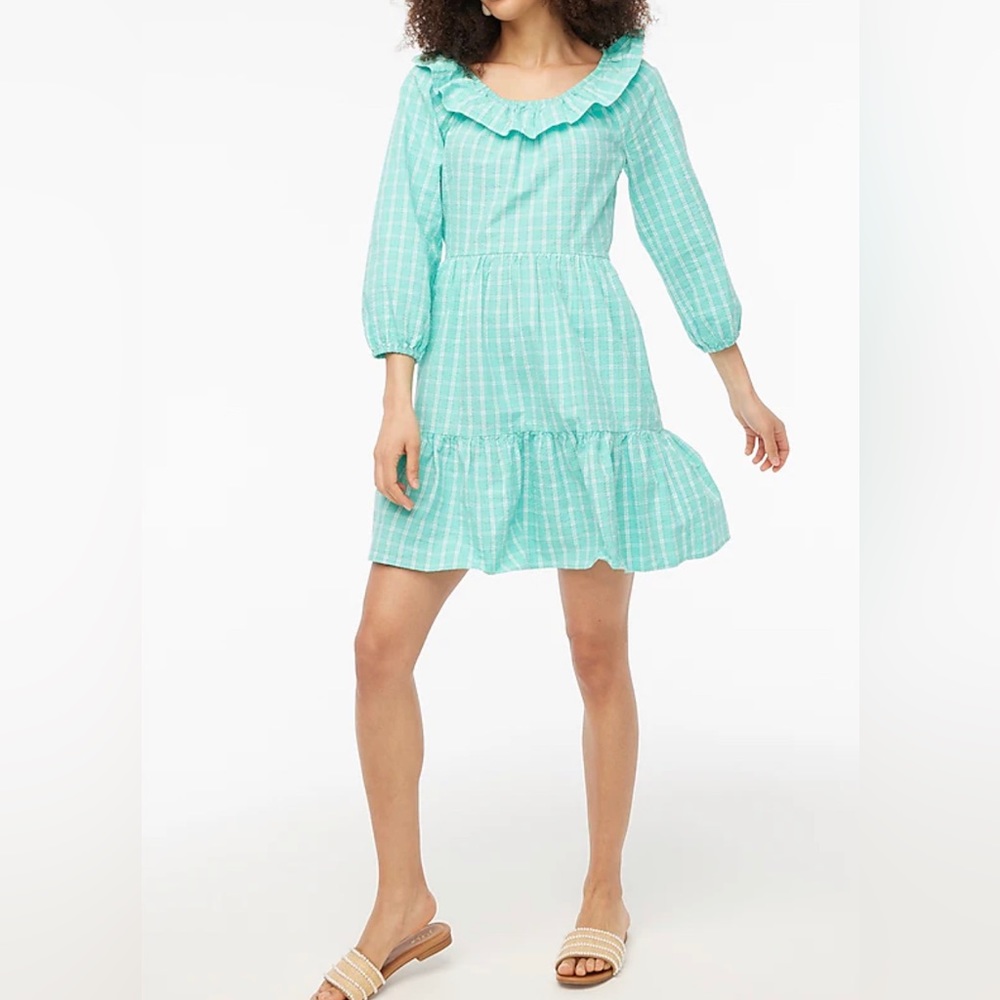 J. Crew Aqua/Mint Green Seersucker Ruffleneck Mini Dress Side Pockets Size 10